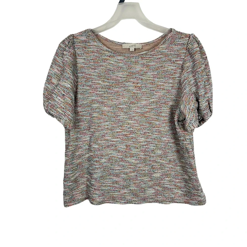 LOFT Women's Tweed Top Multicolor Puff Sleeve Knit - XL